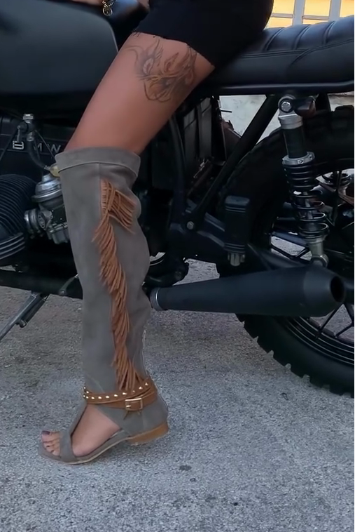 Gray Suede Fringe Over-the-Knee Sandal Boots