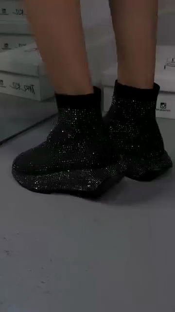 Black Full Crystal Embellished Sock Sneaker Boots