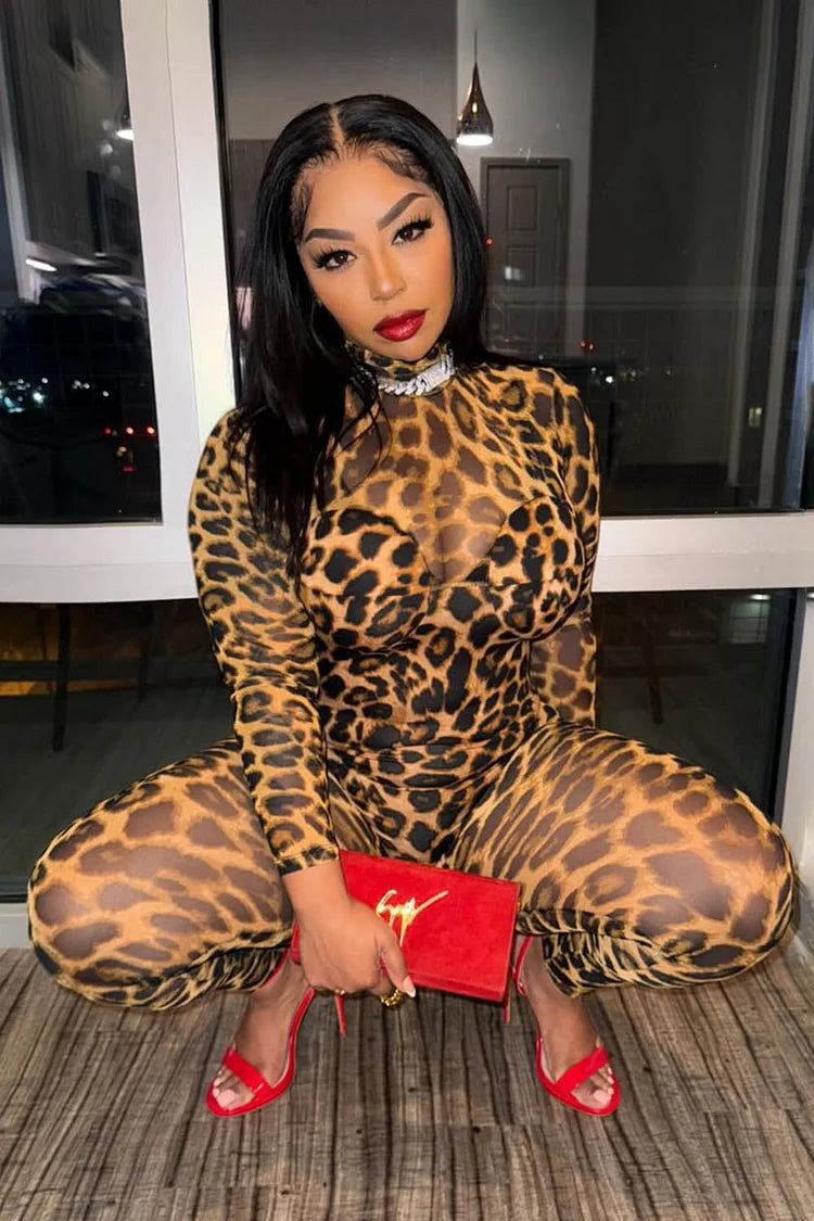 Leopard Print Sheer Turtleneck Long Sleeve Jumpsuit