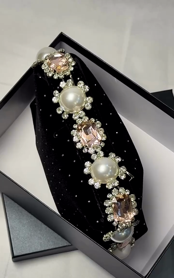 Black Velvet Pearl & Pink Crystal Choker Necklace