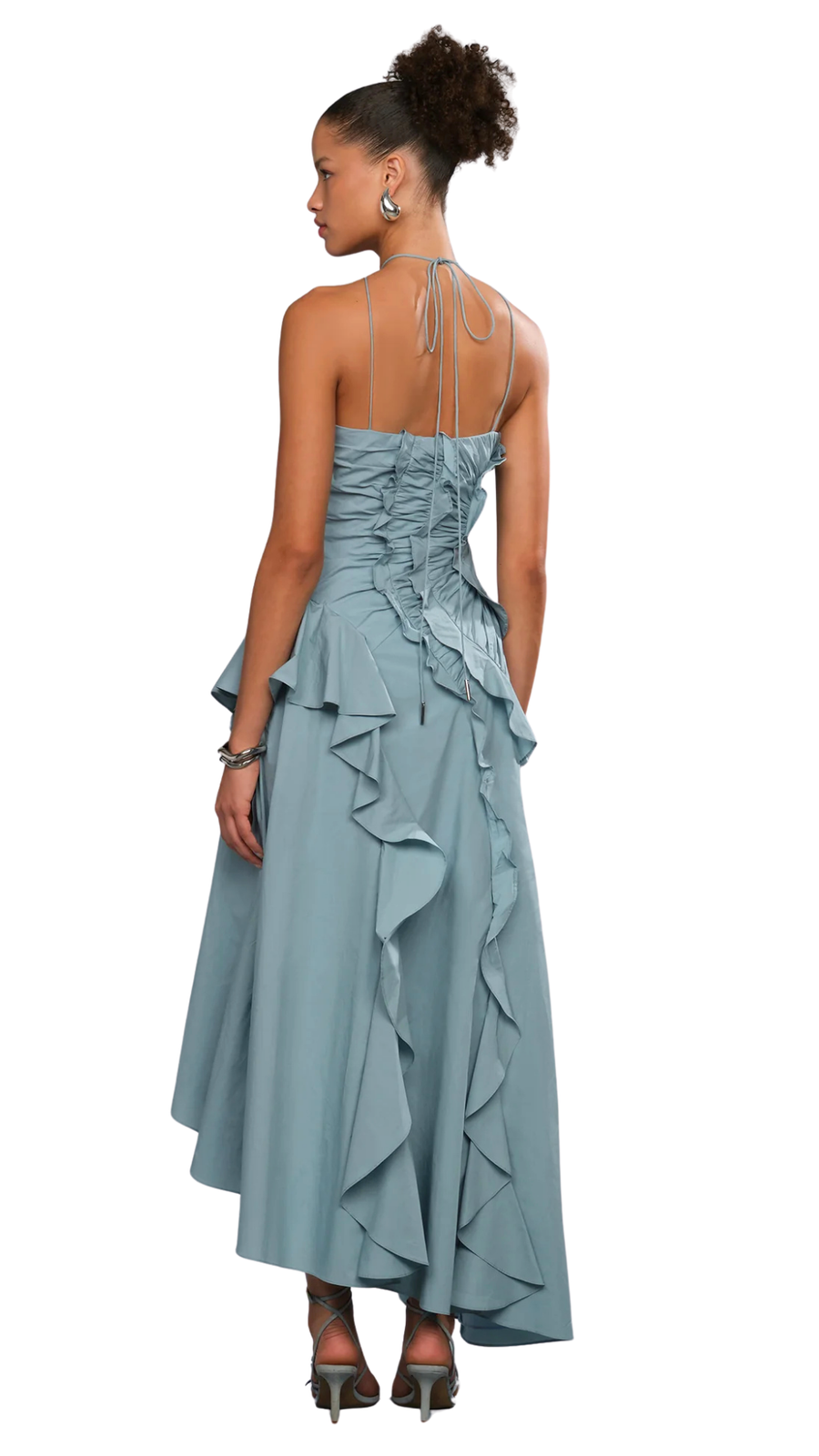 Dusty Blue Ruffled Halter Maxi Dress