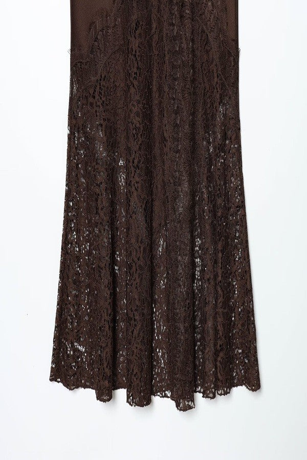 Brown Lace Panel Maxi Skirt