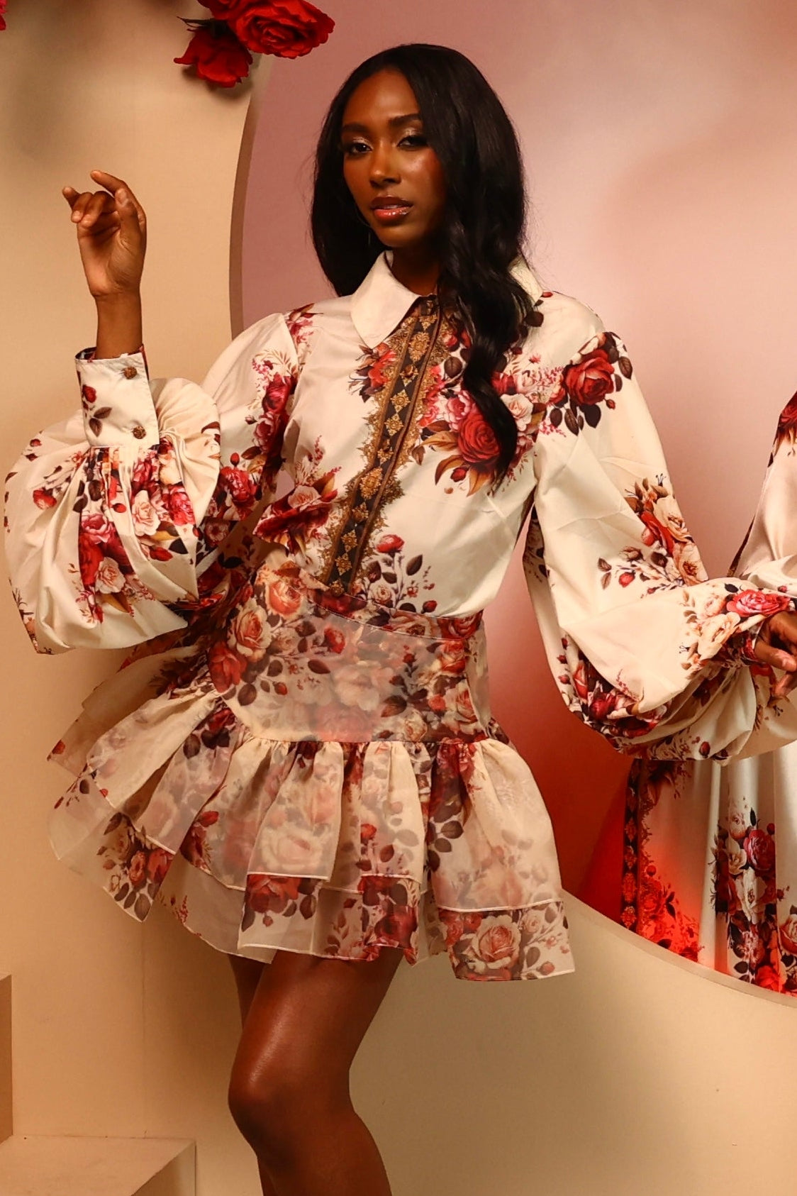 Cream Floral Print Puff Sleeve Mini Dress