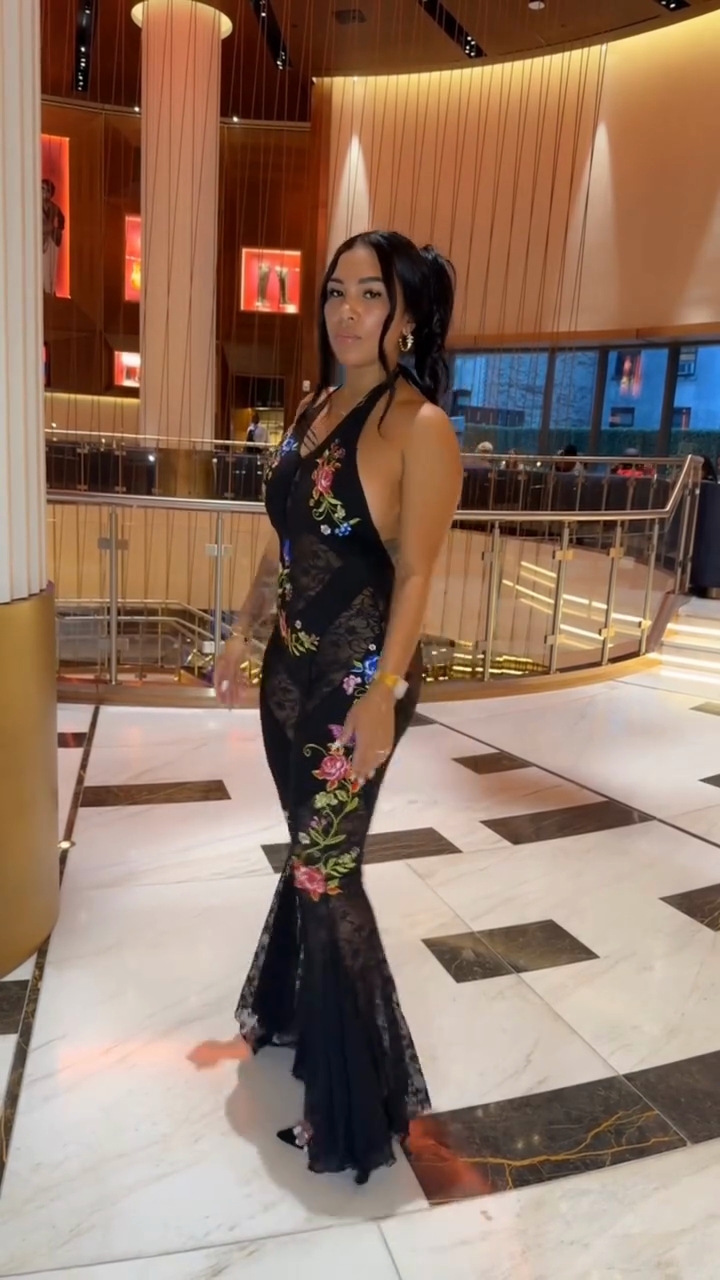 Black Floral Embroidered Sheer Lace Halter Flare Jumpsuit