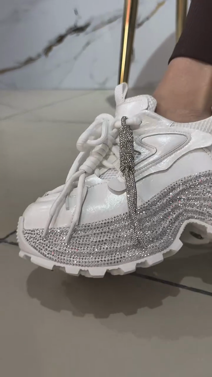 White Rhinestone-Embellished Chunky Sneakers