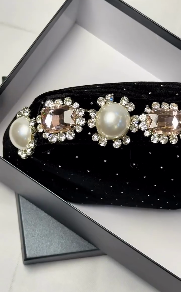 Black Velvet Pearl & Pink Crystal Choker Necklace