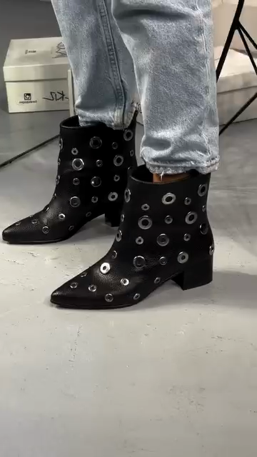 Black Pebbled Leather Silver Eyelet Pointed-Toe Block Heel Ankle Boots