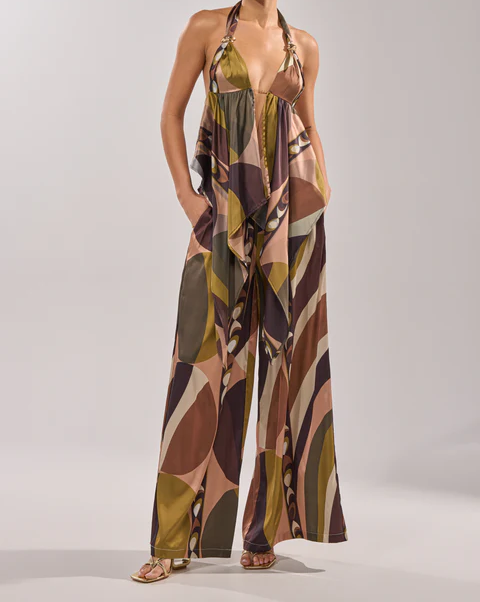 Geometric Print Halter Maxi Jumpsuit