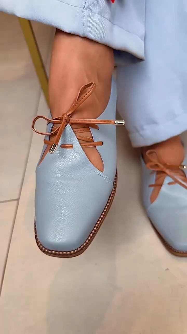 Light Blue Leather Lace-Up Flats