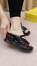 Black Floral Mesh Wedge Sandals