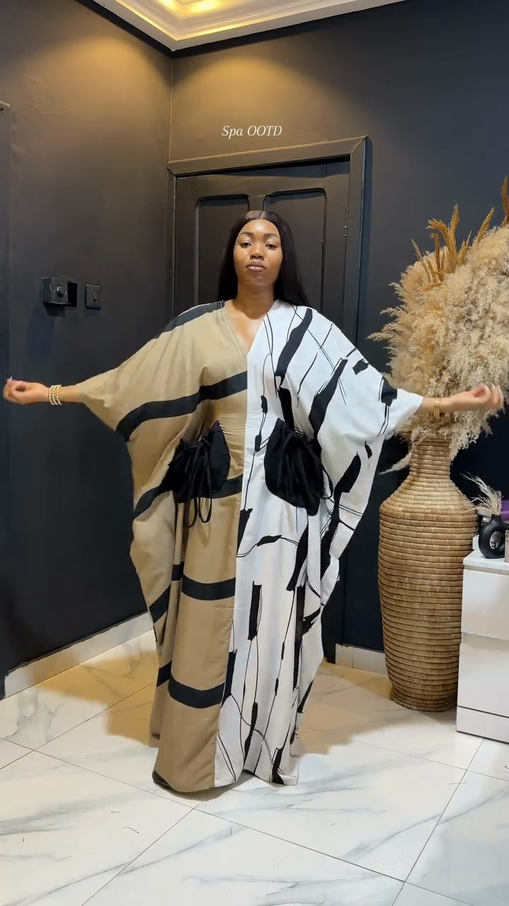 Two-Tone Abstract Print Kaftan Maxi Dress
