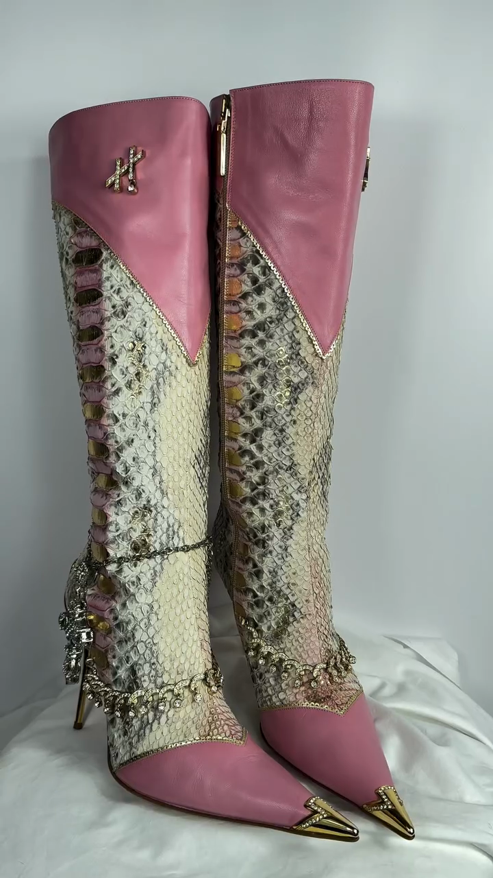 Luxury Python Snakeskin & Leather Crystal Embellished Knee-High Stiletto Boots