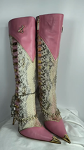 Luxury Python Snakeskin & Leather Crystal Embellished Knee-High Stiletto Boots
