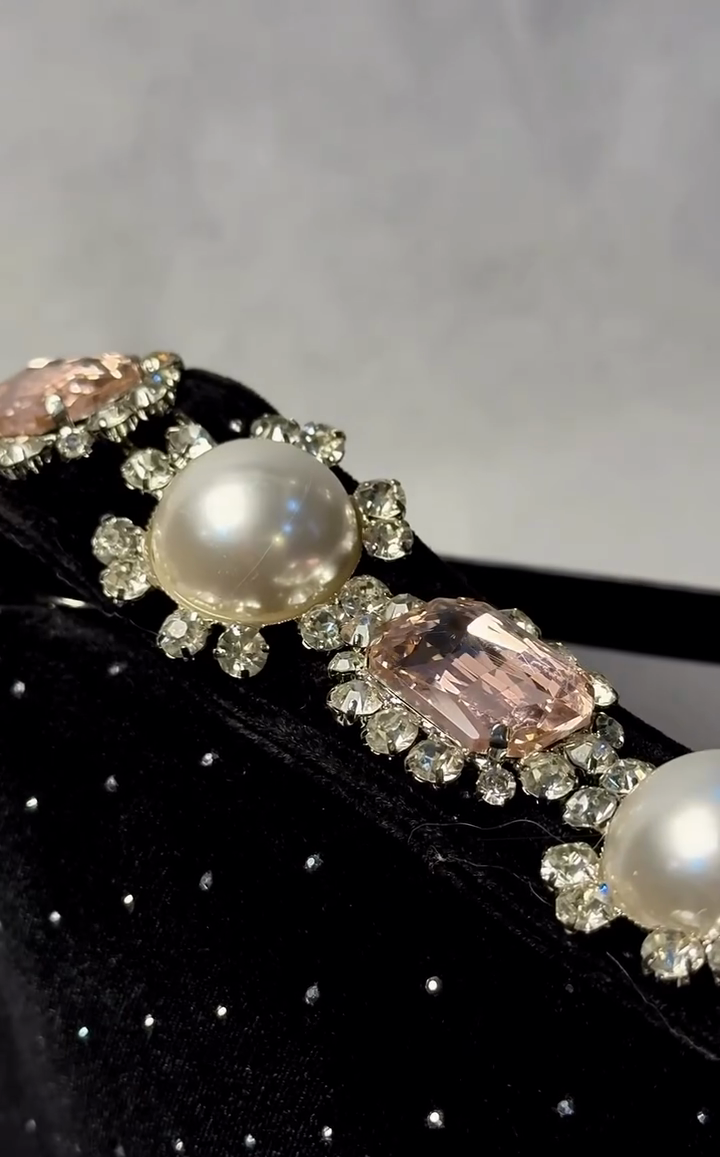 Black Velvet Pearl & Pink Crystal Choker Necklace