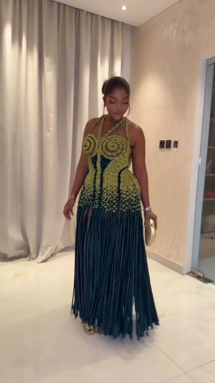 Green Teal Handmade Crochet Fringe Maxi Gown