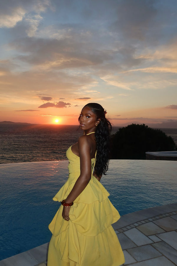 Yellow Halter Cutout Tiered Maxi Two-Piece Set