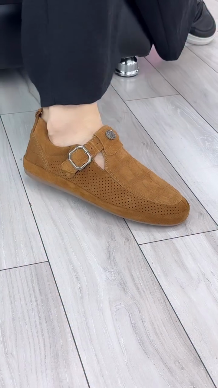 Tan Suede Perforated Mary Jane Flats