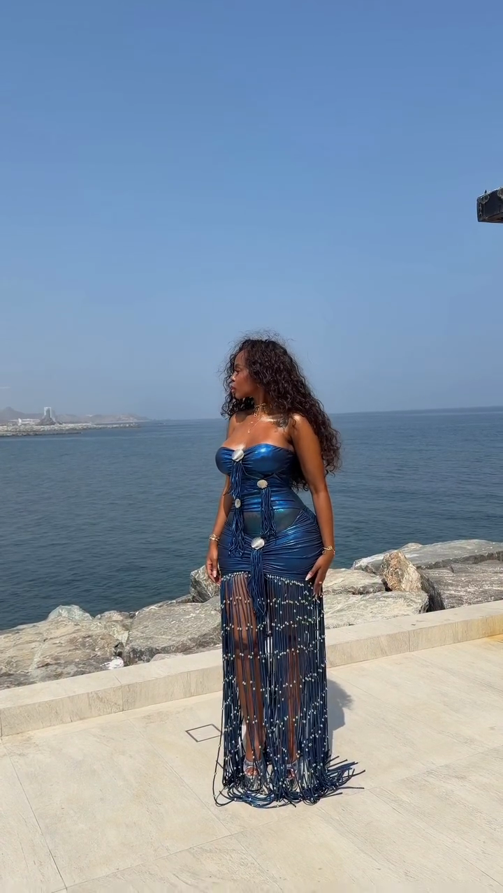 Blue Metallic Shell Fringe Strapless Maxi Dress