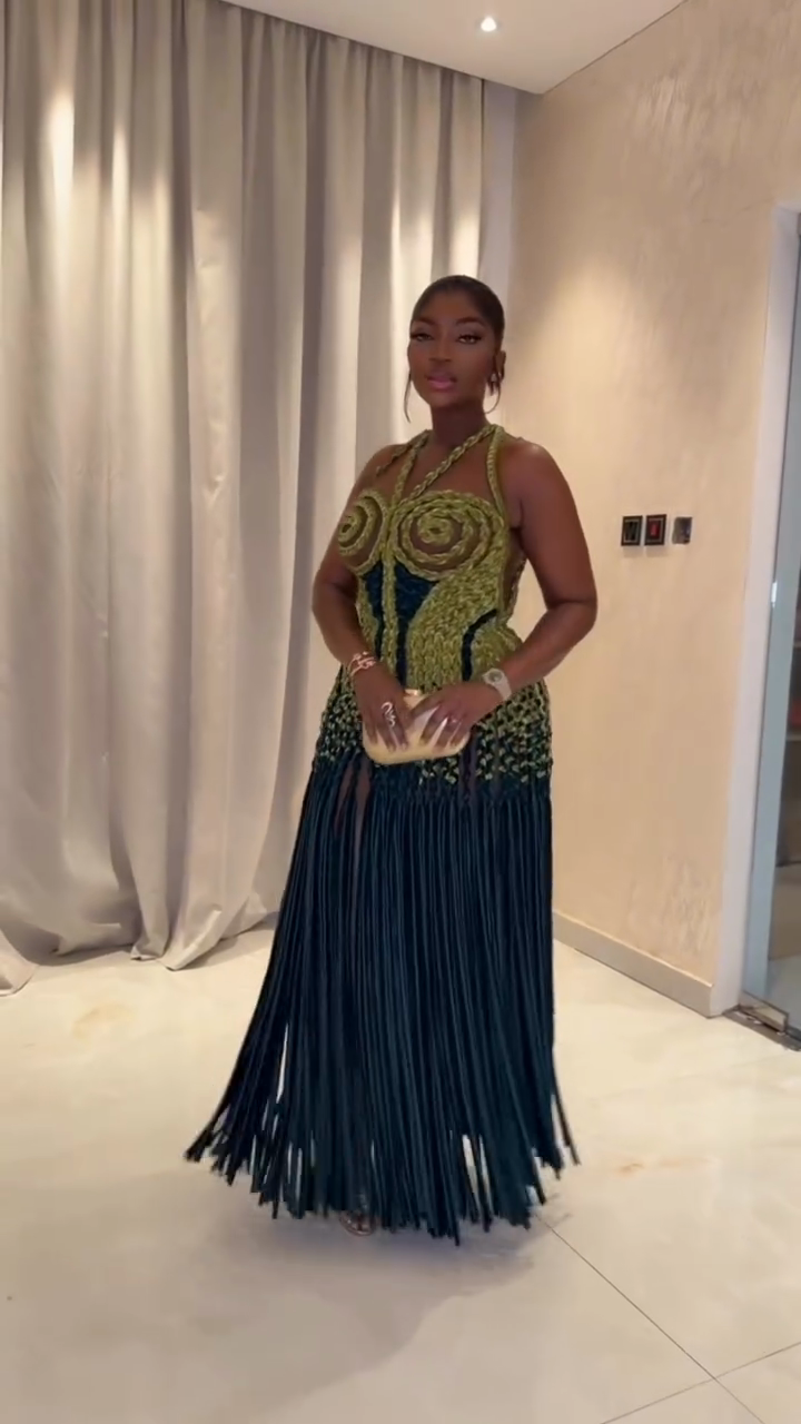 Green Teal Handmade Crochet Fringe Maxi Gown