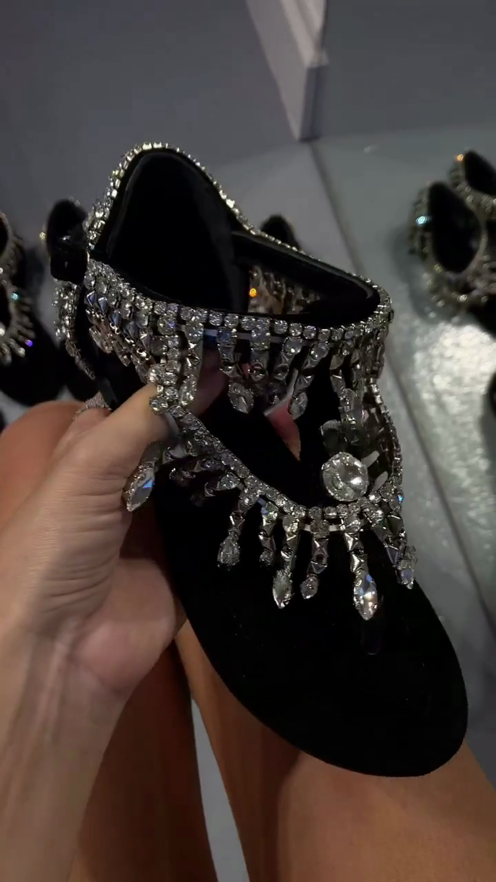 Black Suede Silver Crystal Fringe T-Strap Flat Sandals