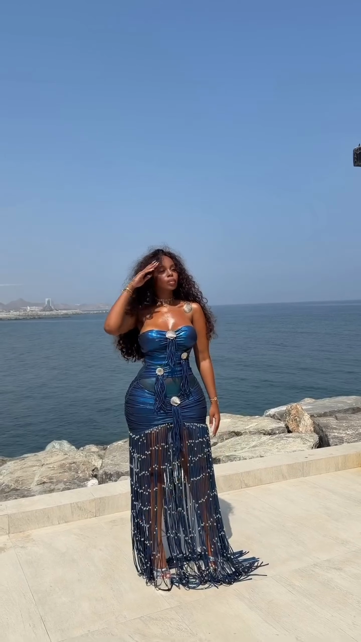 Blue Metallic Shell Fringe Strapless Maxi Dress