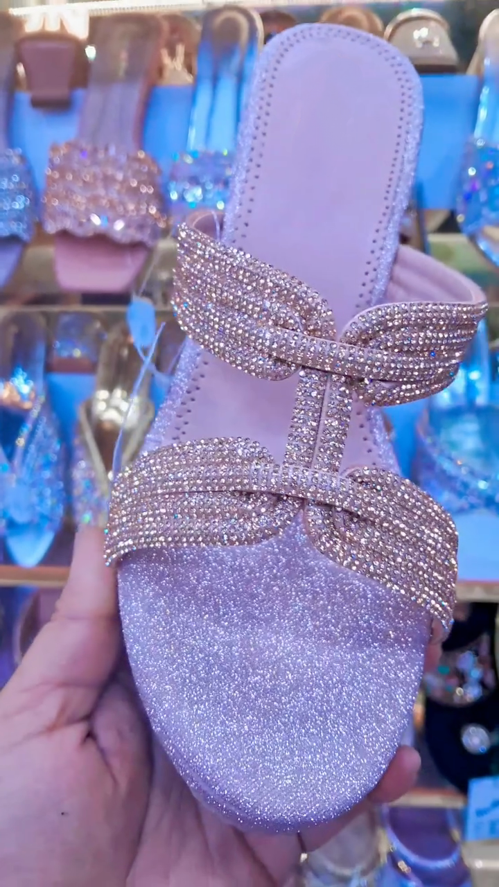 Pink Glitter Crystal Bow Flat Slide Sandals