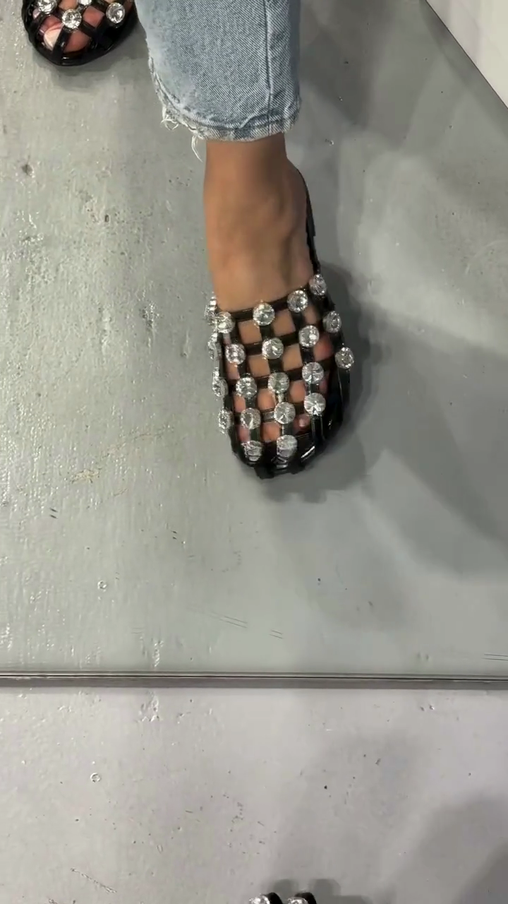Black Crystal-Embellished Woven Slide Sandals
