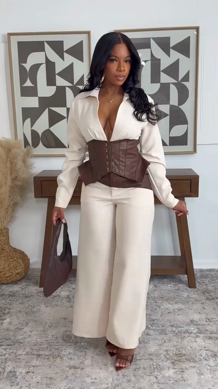 Corset Waist Shirt & Wide-Leg Pants Set