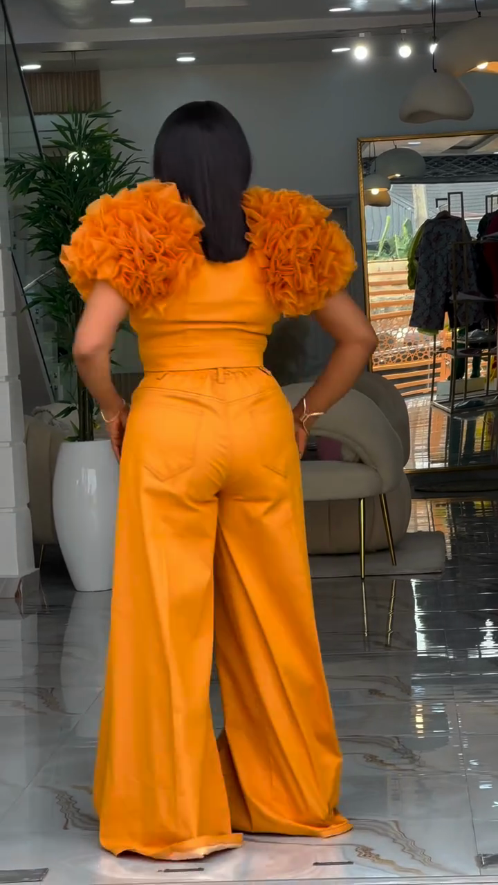 Orange Ruffle Shoulder Two-Piece Set