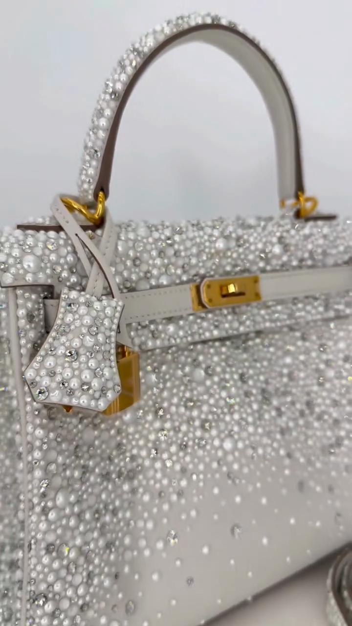 Light Gray Crystal & Pearl Gradient Embellished Kelly-Style Top Handle Handbag