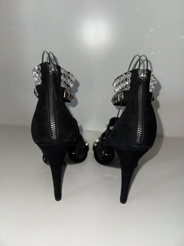 Black Suede Pyramid Stud & Crystal Caged Heels