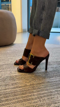 Brown Leather Gold-Buckle Heeled Mules
