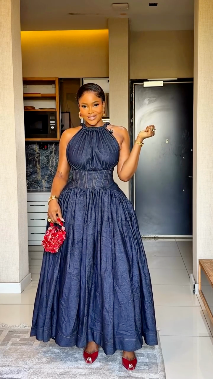 Dark Denim Halter Corset Maxi Dress