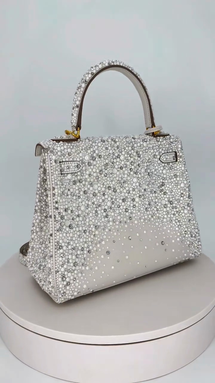 Light Gray Crystal & Pearl Gradient Embellished Kelly-Style Top Handle Handbag
