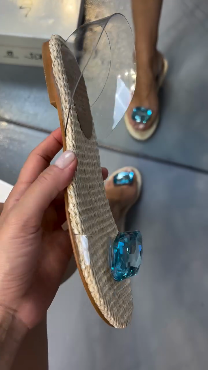 Raffia & Blue Gem Embellished Slide Sandals