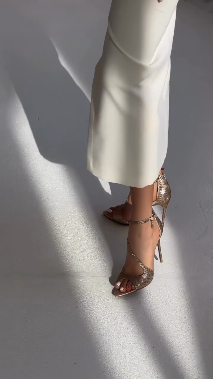 Rose Gold Crystal-Embellished Peep-Toe Heels