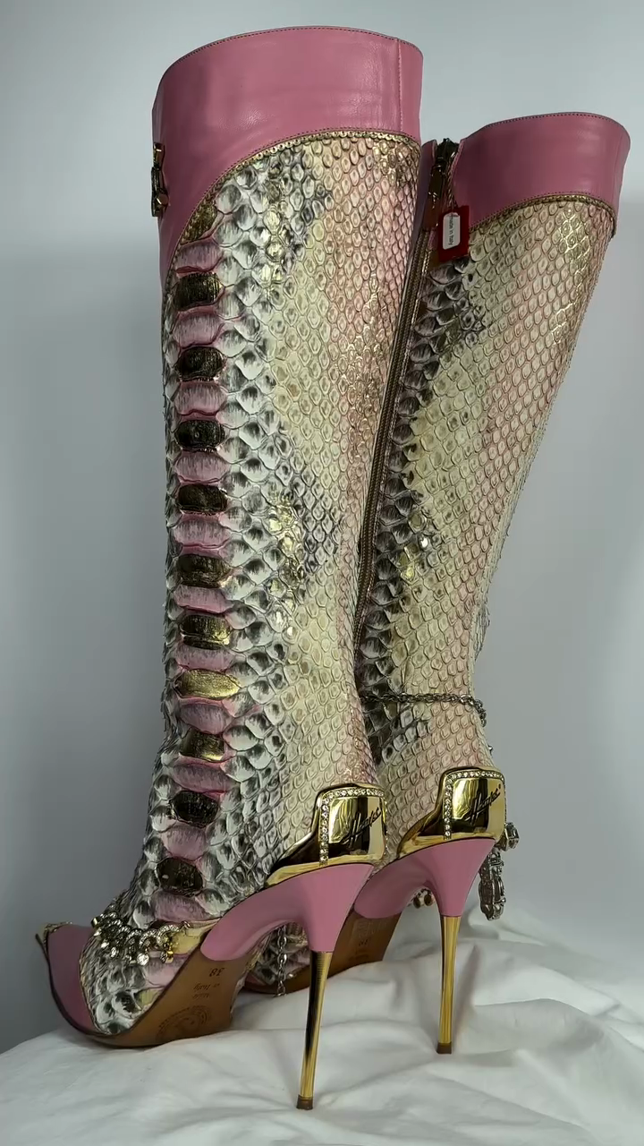 Luxury Python Snakeskin & Leather Crystal Embellished Knee-High Stiletto Boots