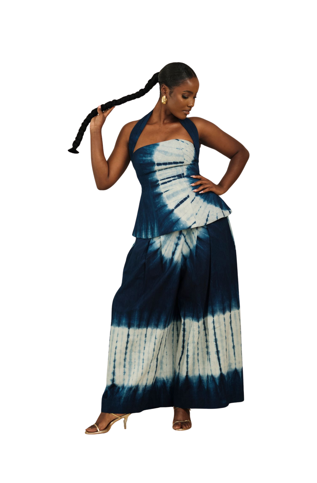 Indigo Tie-Dye Halter Wide-Leg Set