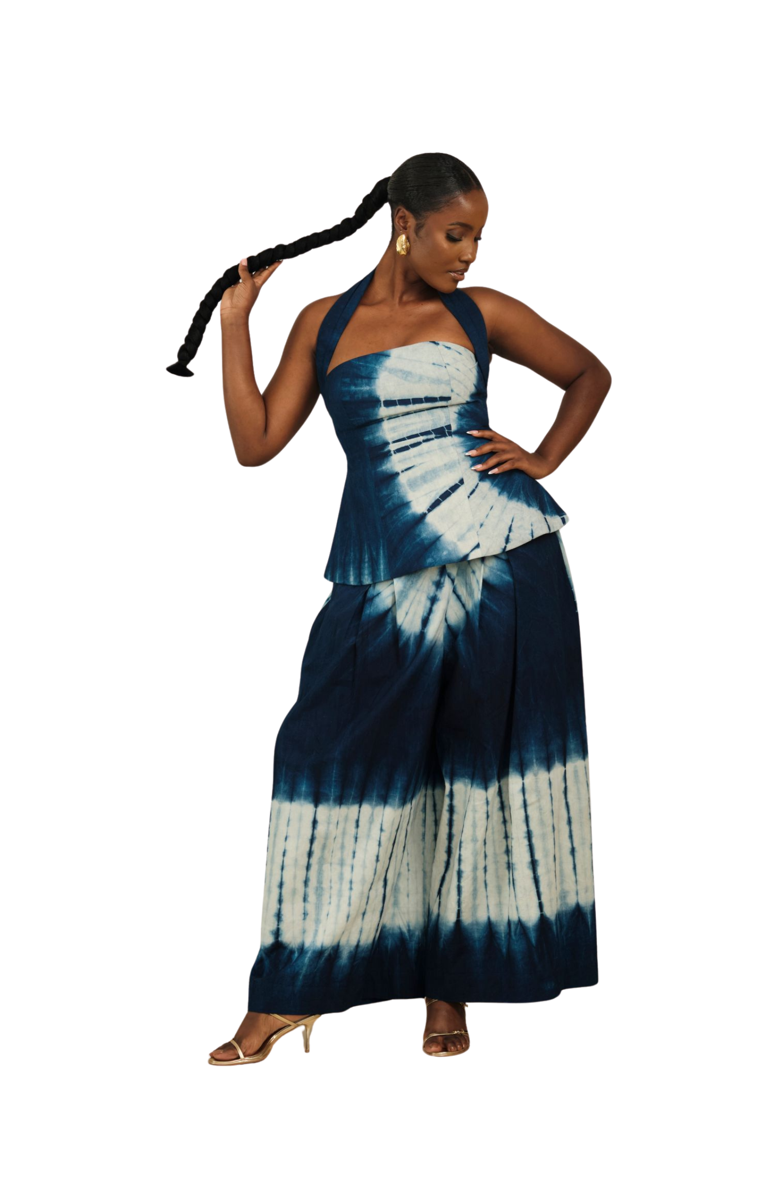 Indigo Tie-Dye Halter Wide-Leg Set
