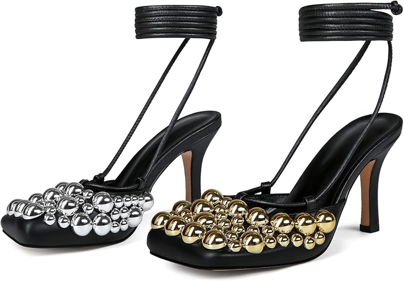 Nude Mixed Metal Studded Lace-Up Heels