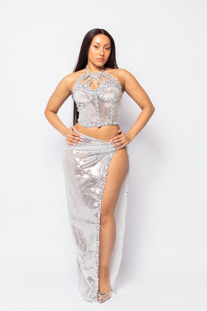 Silver Metallic Halter Two-Piece Set