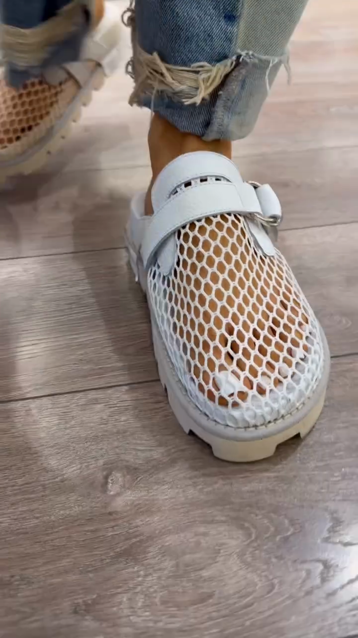 Light Gray Mesh Chunky Clogs with Adjustable Buckle