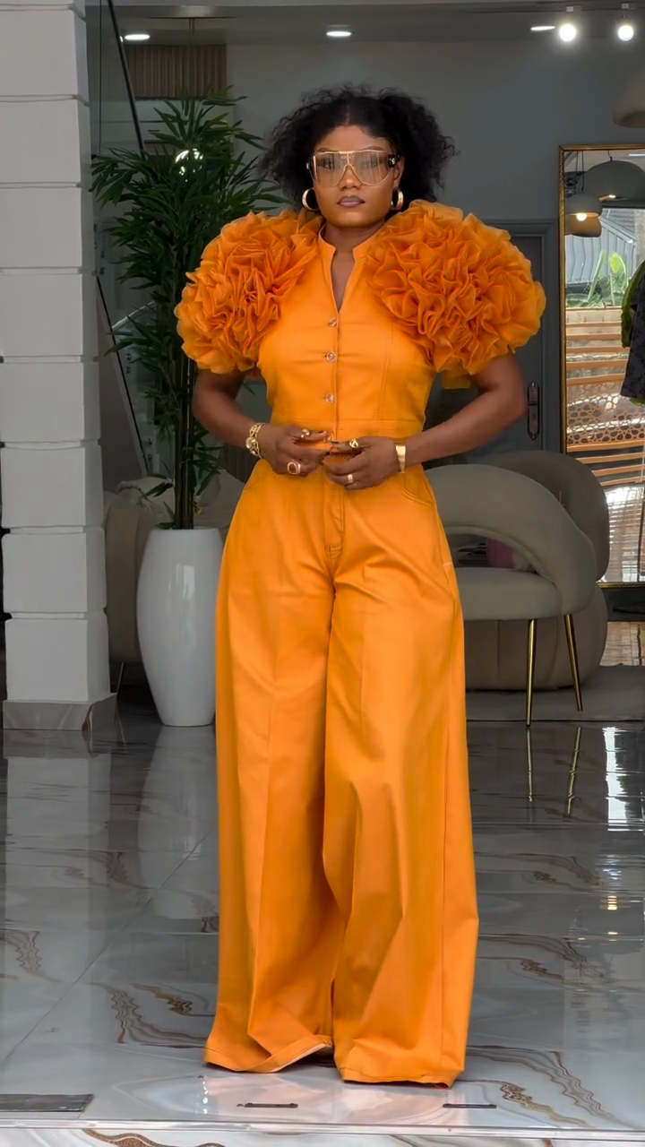 Orange Ruffle Shoulder Two-Piece Set