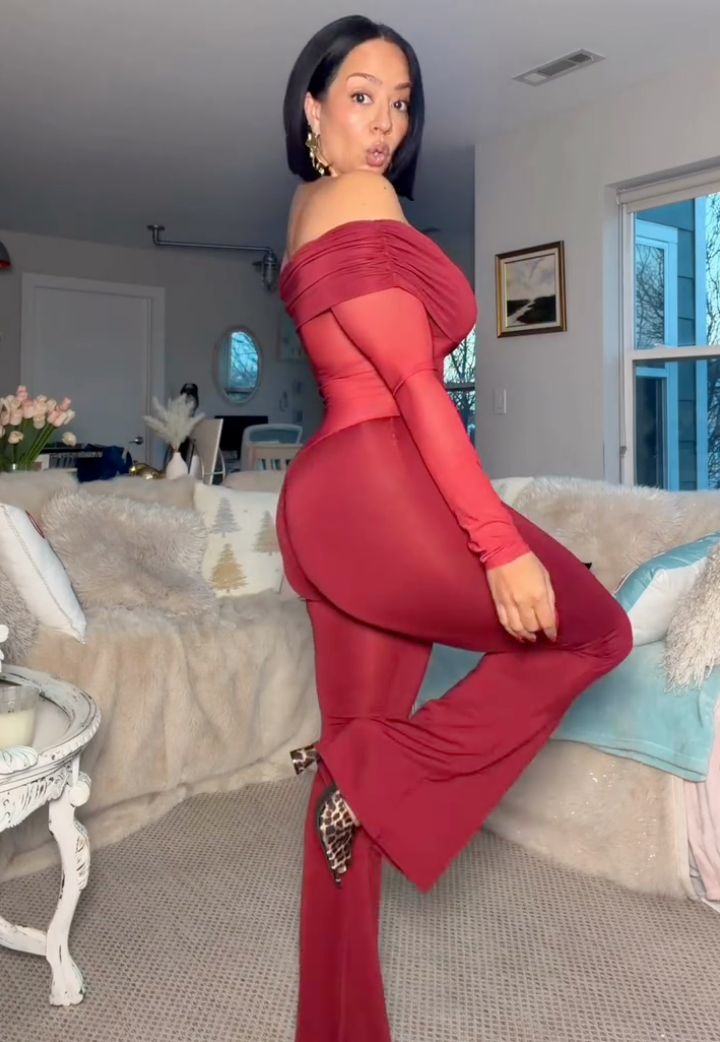 Burgundy Off-Shoulder Ruched Flare Jumpsuit