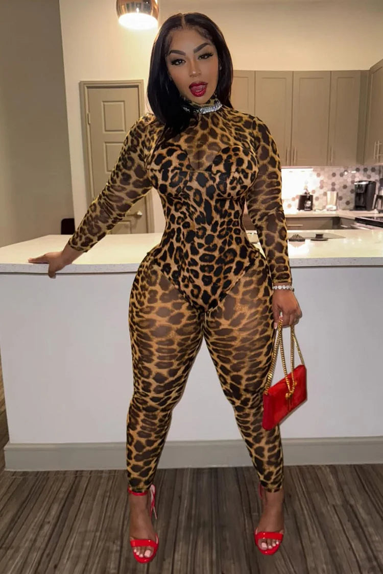 Leopard Print Sheer Turtleneck Long Sleeve Jumpsuit