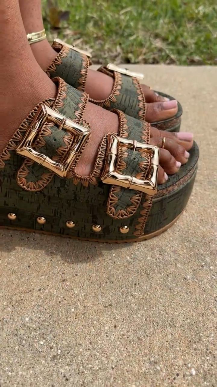 Olive Green Cork-Textured Platform Slide Sandals
