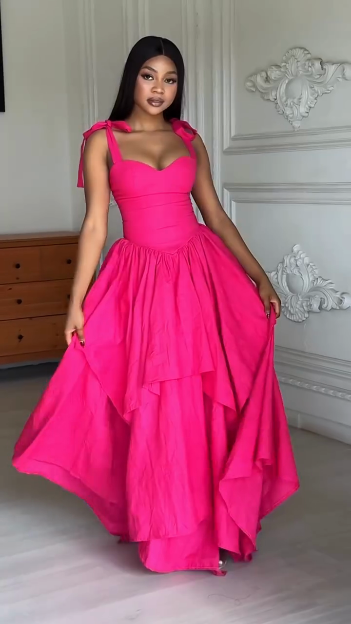 Hot Pink Tiered Ball Gown Maxi Dress