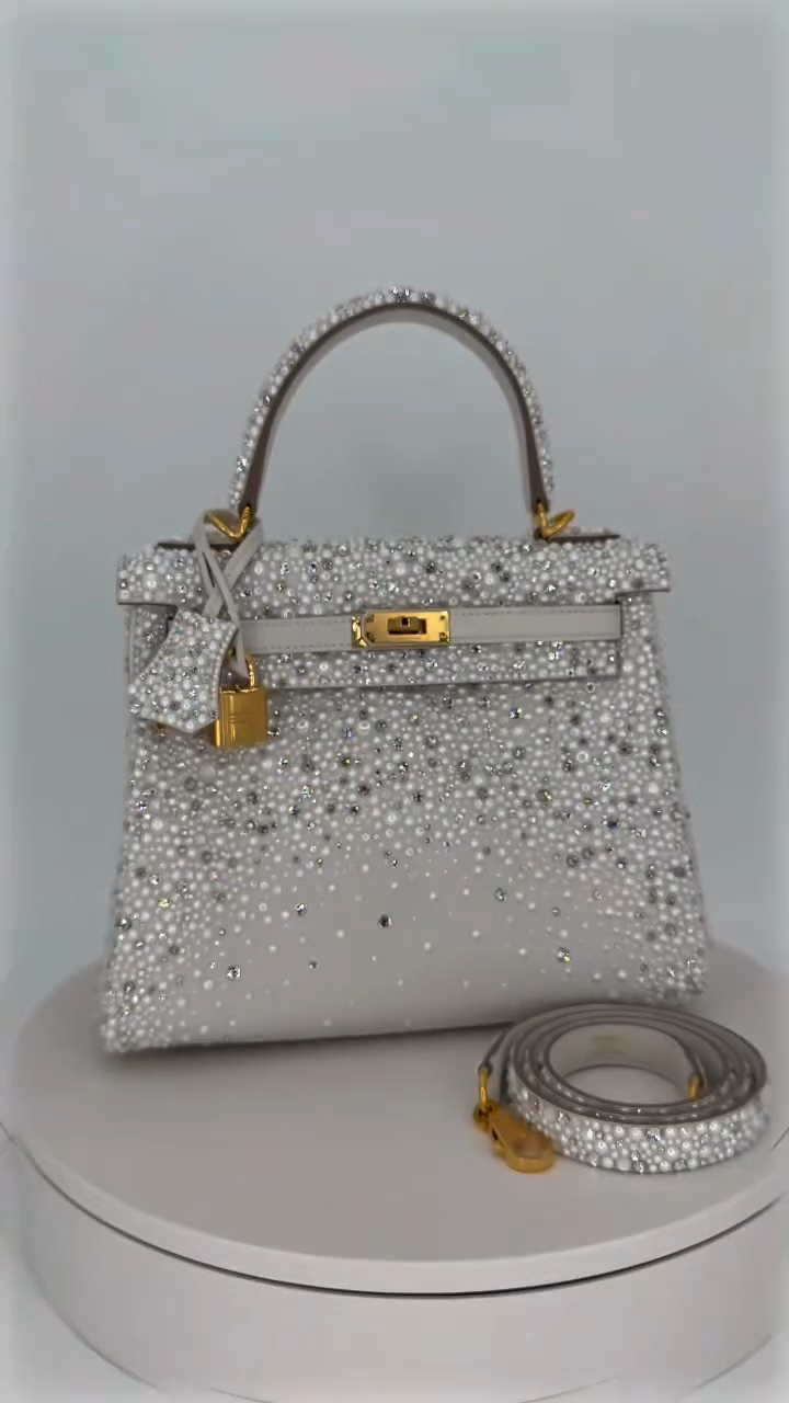 Light Gray Crystal & Pearl Gradient Embellished Kelly-Style Top Handle Handbag