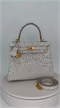 Light Gray Crystal & Pearl Gradient Embellished Kelly-Style Top Handle Handbag