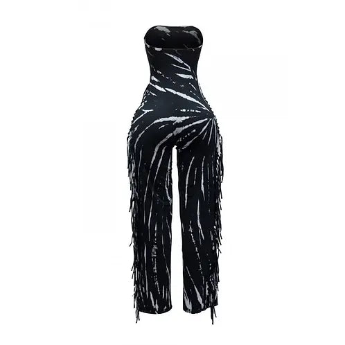 Tie-Dye Fringe Strapless Jumpsuit